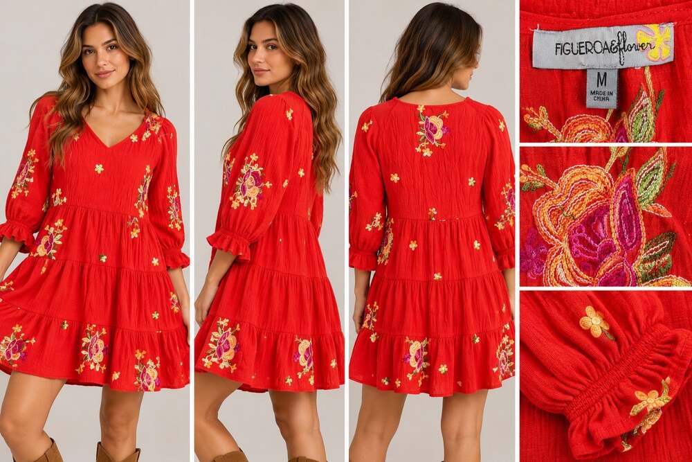 Figueroa & Flower Womens M Red Floral Embroidered Tiered Boho Mini Dress